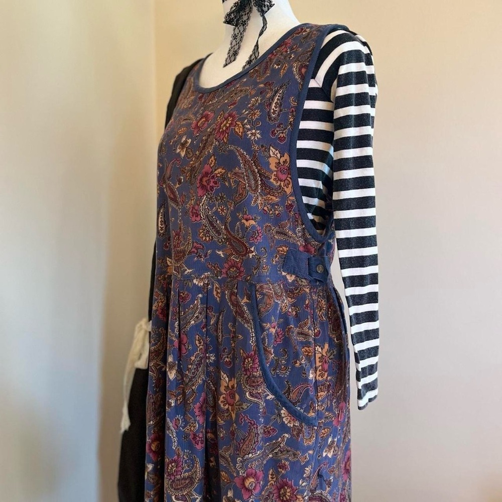 Vintage 90s Paisley Corduroy Maxi Babydoll Dress Whimsygoth Grunge Floral Blue M - Picture 6 of 11